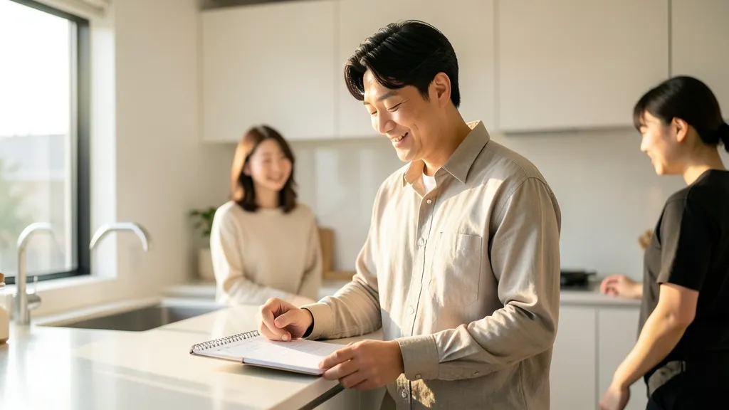 밝은 주방에서 메모장을 보며 일상을 점검하는 40대 한국 남성의 모습.