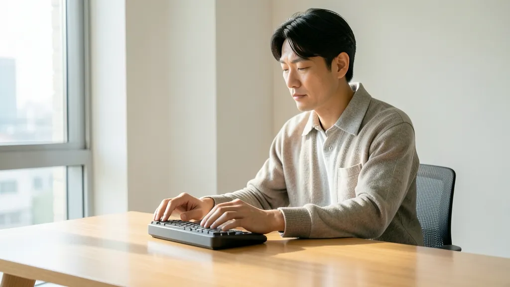 밝은 방 안에서 인체공학적 키보드와 손목 받침대를 정돈하는 40대 한국인 남성의 모습