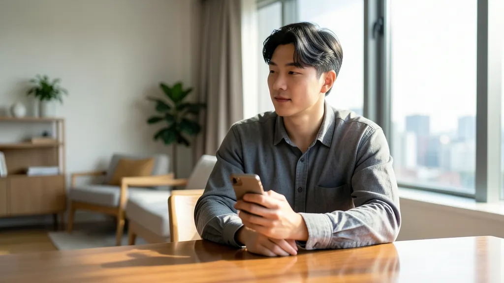 거실 책상에 앉아 창밖을 보며 고민하는 30대 한국 남성의 모습.