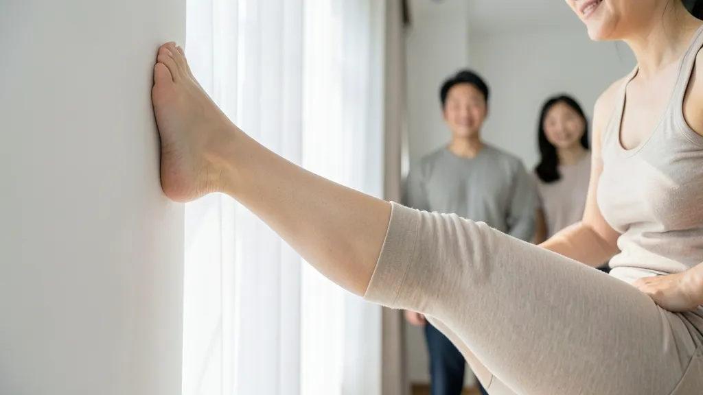 밝은 실내에서 벽을 짚고 종아리와 발바닥 근육을 늘려주는 스트레칭을 하는 40대 한국인 여성의 모습