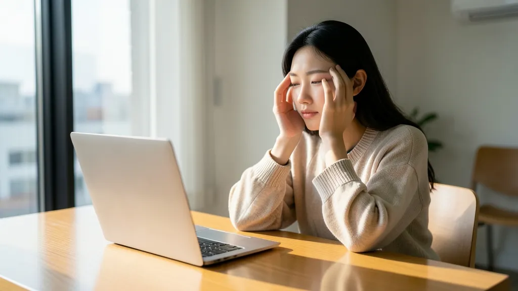 책상 앞에 앉아 눈을 가볍게 마사지하며 피로를 푸는 한국인 여성의 모습