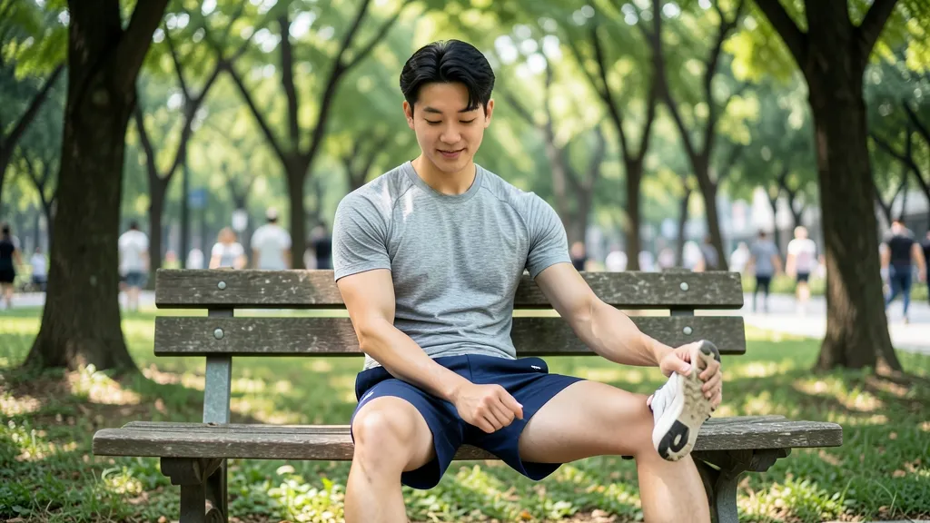 야외 공원 벤치에 앉아 러닝화를 벗고 발바닥을 만지며 통증을 살피는 30대 한국인 남성의 모습