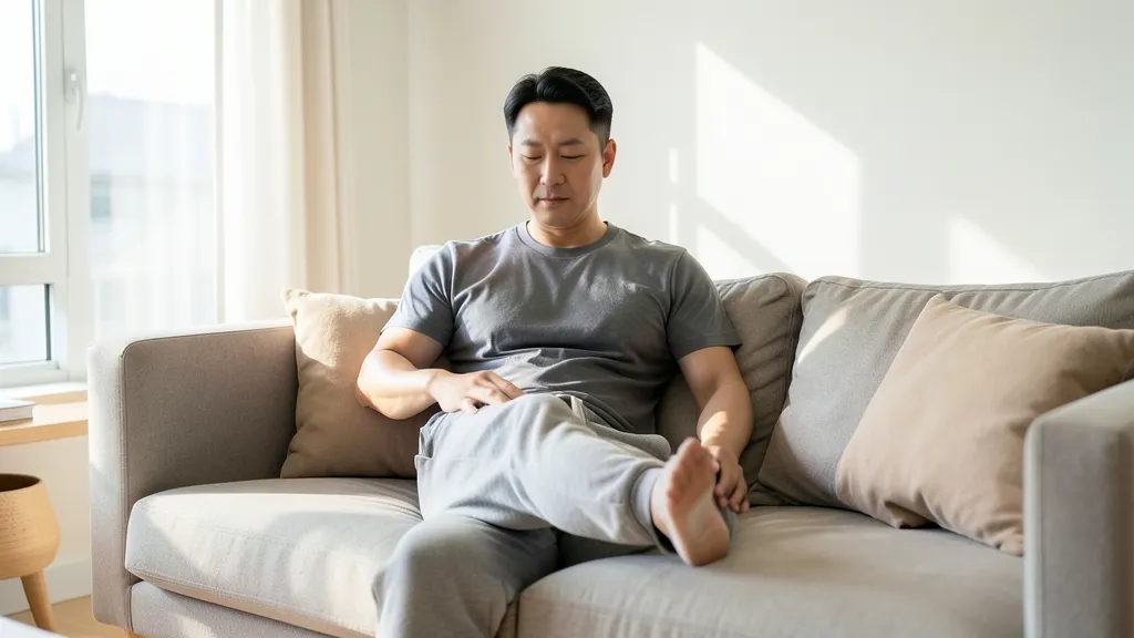 거실 소파에 앉아 무릎을 펴는 스트레칭을 하는 한국인 남성의 모습