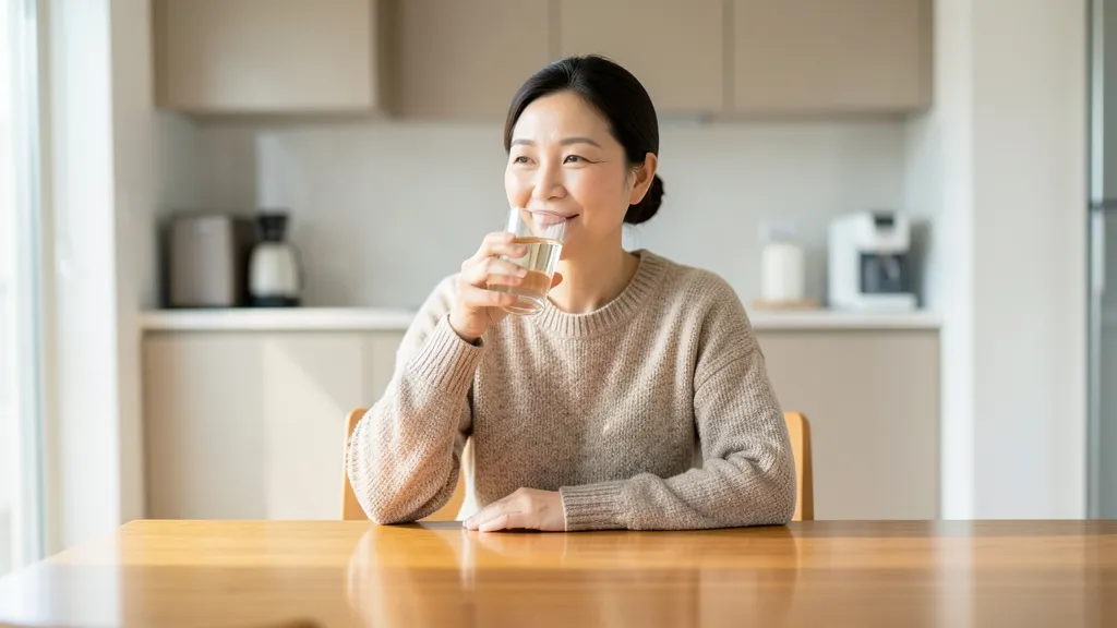 밝은 분위기의 식탁에 앉아 투명한 유리잔에 담긴 물을 마시며 수분을 보충하는 40대 한국 여성의 모습