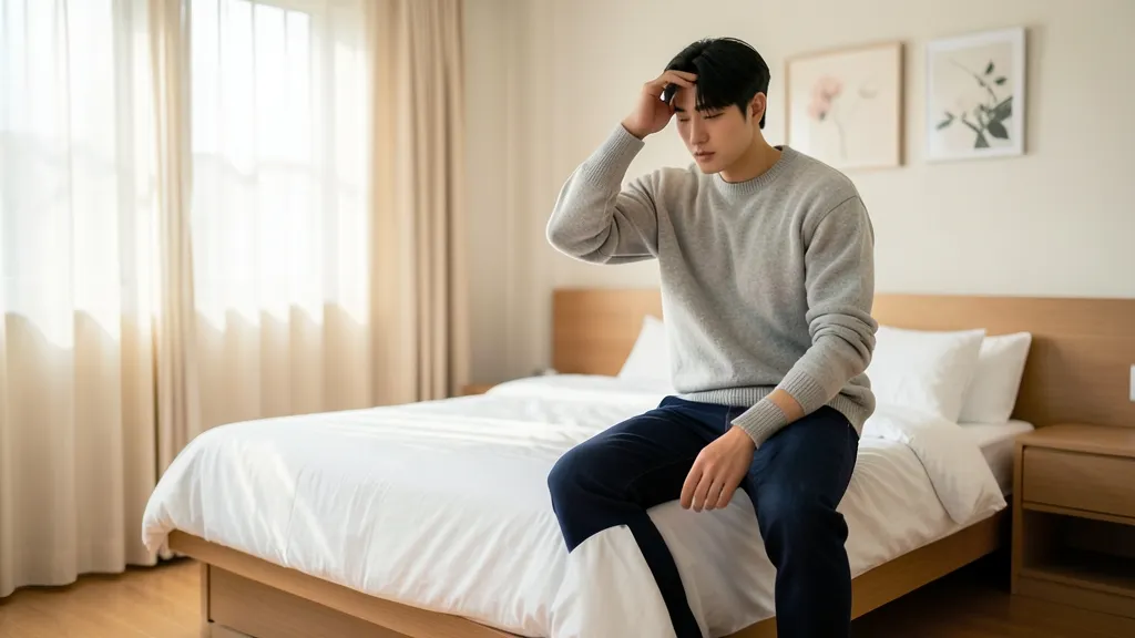 침대 끝에 걸터앉아 아침 기립 시 어지러움을 느끼며 잠시 숨을 고르는 30대 한국 남성의 모습