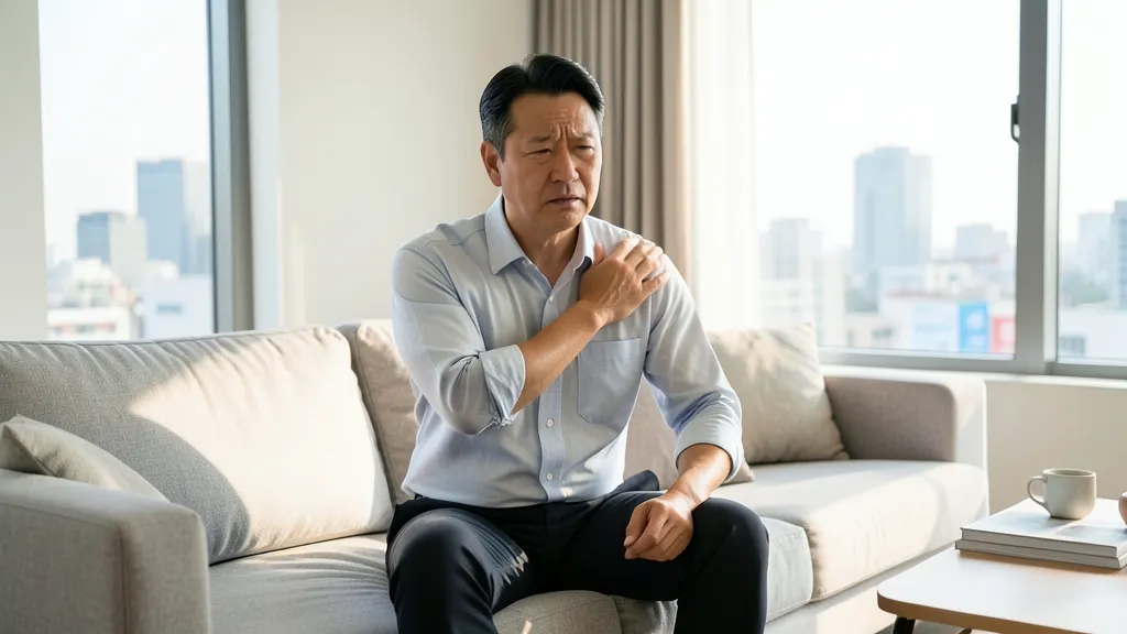거실 소파에 앉아 왼쪽 어깨를 손으로 감싸며 불편해하는 40대 한국 남성의 상반신