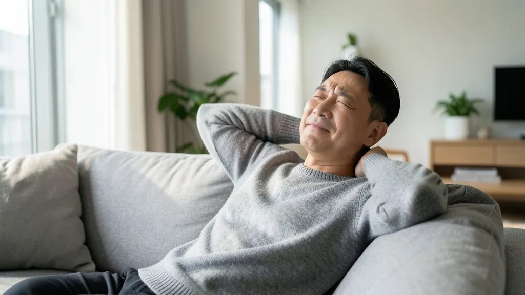 거실 소파에 앉아 통증 부위를 조용히 살피는 40대 한국인 남성의 모습