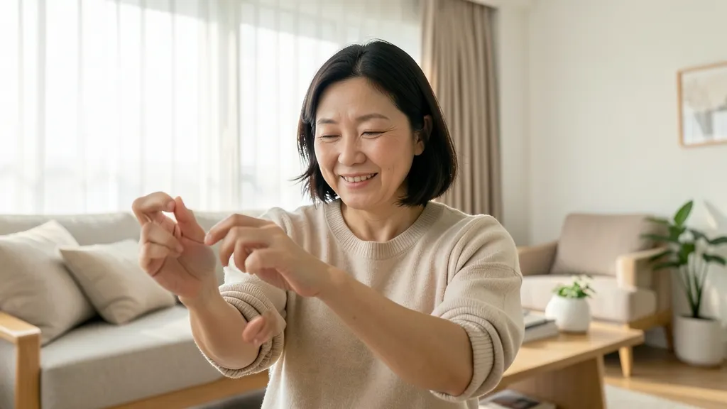 밝은 실내에서 손가락과 손목을 부드럽게 풀고 있는 30대 후반 한국 여성의 모습