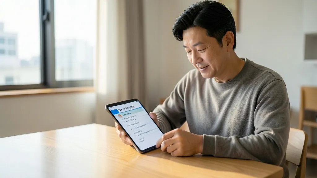식탁에 앉아 태블릿 화면을 보며 건강 체크리스트를 확인하는 40대 한국 남성의 상반신
