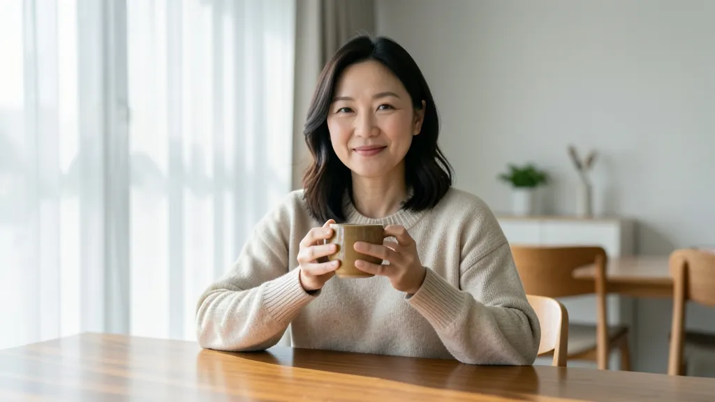 창가 식탁에 앉아 따뜻한 차를 마시며 휴식하는 40대 한국인 여성의 모습