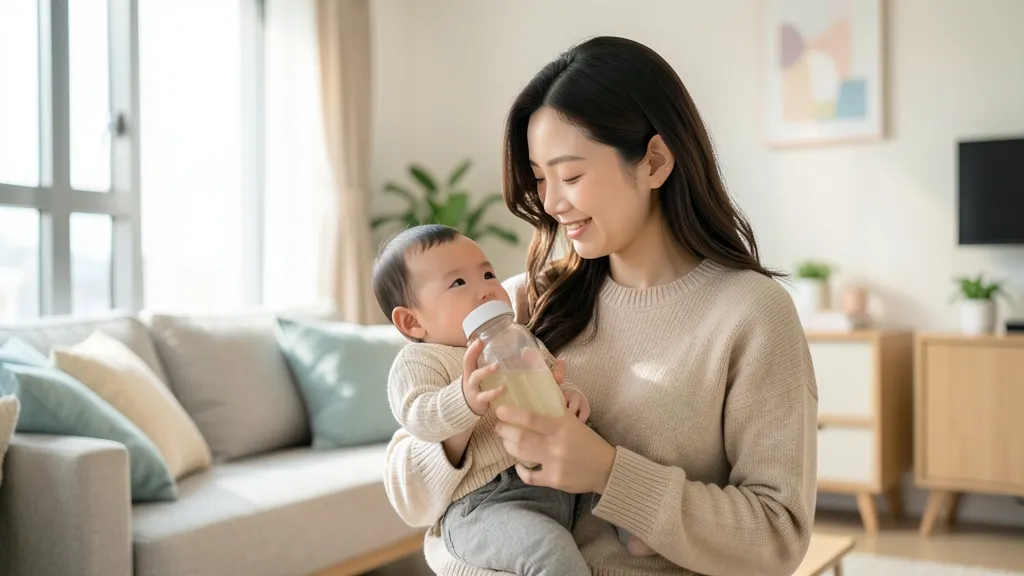 한국 가정 거실에서 젖병을 잡고 있는 어머니의 모습.