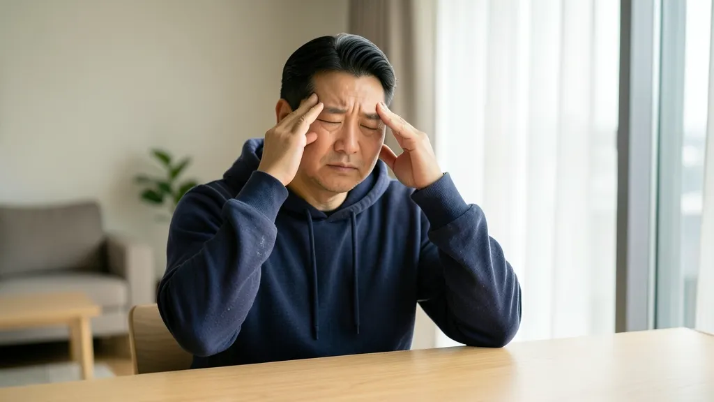 책상에 앉아 피로를 느끼며 관자놀이를 짚고 있는 40대 한국 남성의 모습