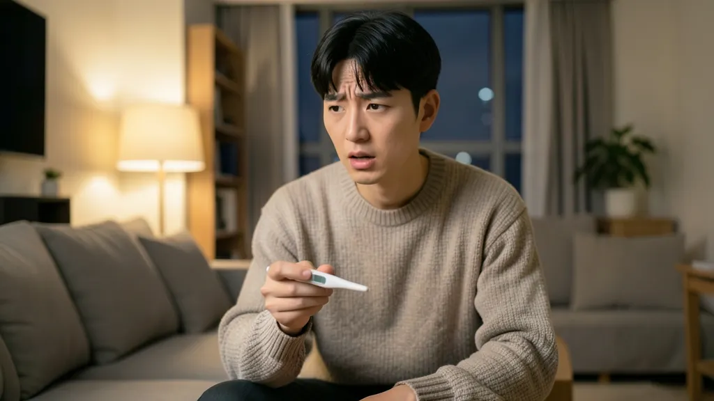 한밤중 거실에서 체온계를 들고 걱정스러운 표정을 짓는 한국인 아빠
