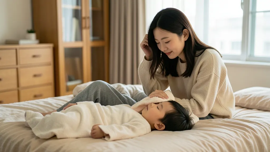 침대에 누운 아이의 이마를 미지근한 수건으로 닦아주는 한국인 보호자의 모습