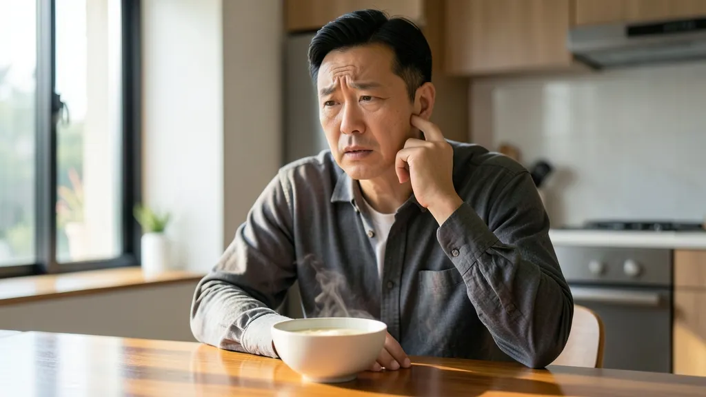 아침 식탁에서 귀 앞 턱관절 부위를 손끝으로 만지며 불편해하는 중년 남성