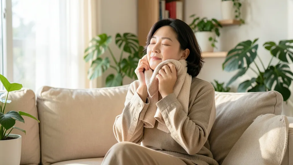 거실 소파에 앉아 따뜻한 수건을 볼과 턱에 대고 쉬는 중년 여성