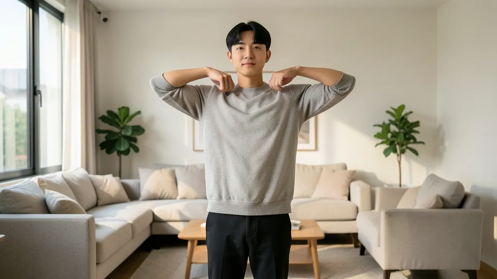 거실에서 바른 자세로 어깨와 목 주변을 가볍게 스트레칭하는 30대 한국 남성의 모습