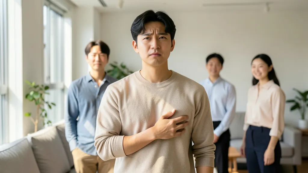 거실에서 왼쪽 옆구리를 손으로 가볍게 짚고 서 있는 한국인 남성의 모습