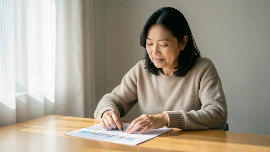 책상에 앉아 건강 관련 자료를 살펴보는 한국인 여성의 모습