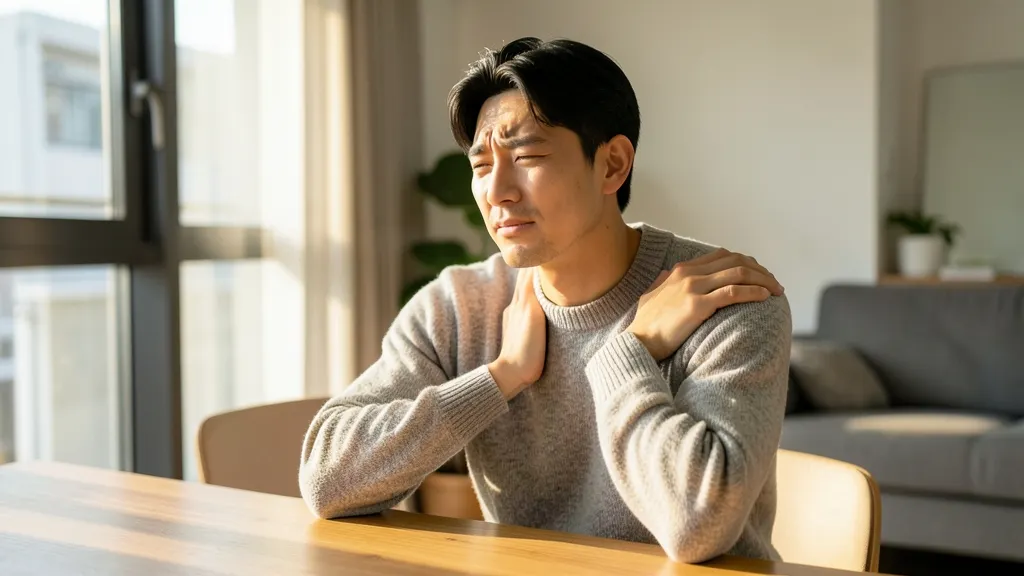 목과 어깨 부근의 근육 긴장으로 불편함을 느끼는 한국인 남성의 모습
