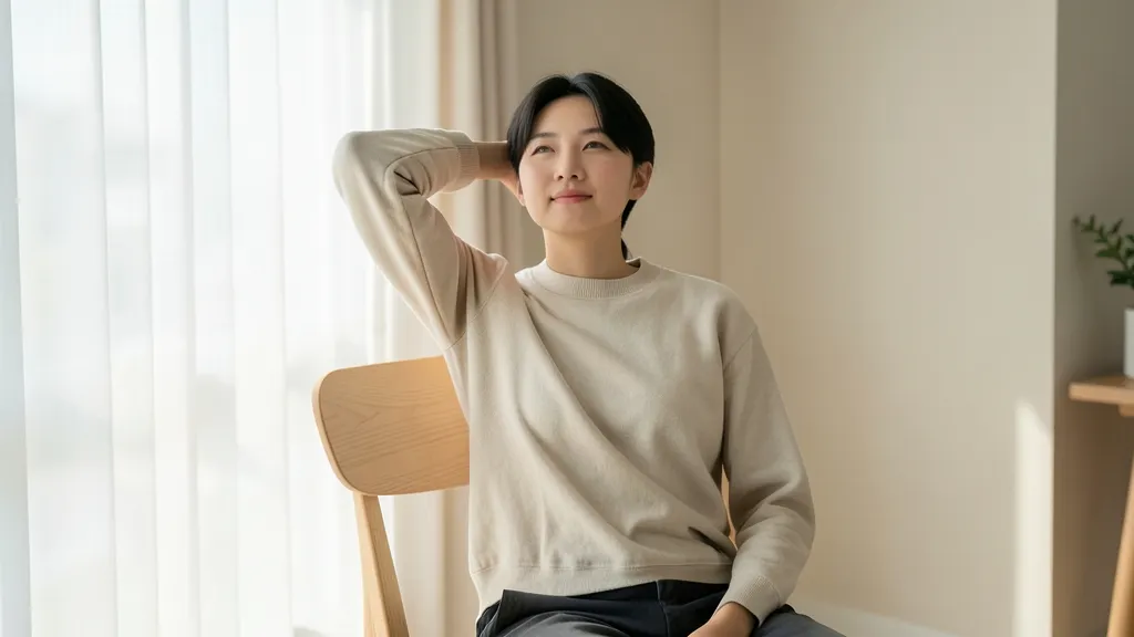 실내에서 바른 자세로 목 스트레칭을 하는 모습