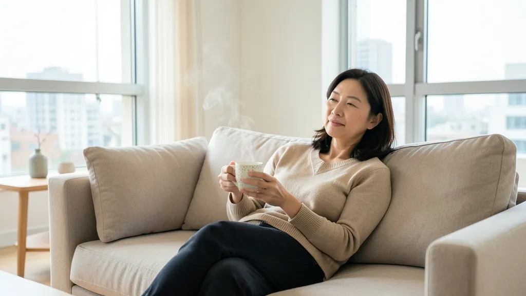 밝은 실내에서 따뜻한 차가 담긴 머그잔을 두 손으로 감싸 쥐고 편안하게 앉아 있는 40대 한국 여성의 상반신 사진.