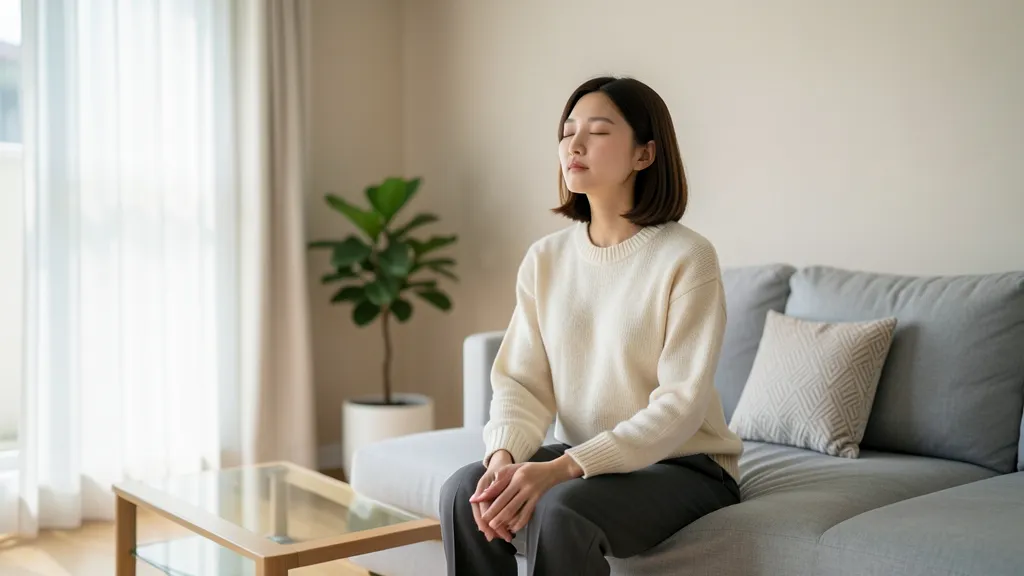 거실에서 눈을 감고 깊은 호흡으로 안정을 취하는 30대 한국 여성의 모습