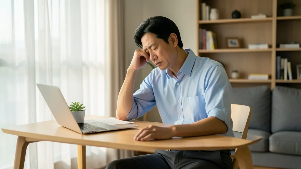 책상에 앉아 머리를 짚고 피로감을 느끼는 40대 한국 남성의 모습