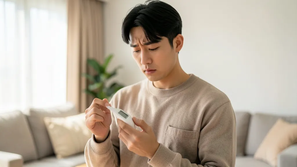 디지털 고막 체온계를 확인하는 한국인 보호자