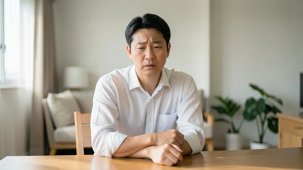 책상에 앉아 팔꿈치 통증 부위를 손으로 가볍게 짚고 있는 40대 한국 남성의 모습