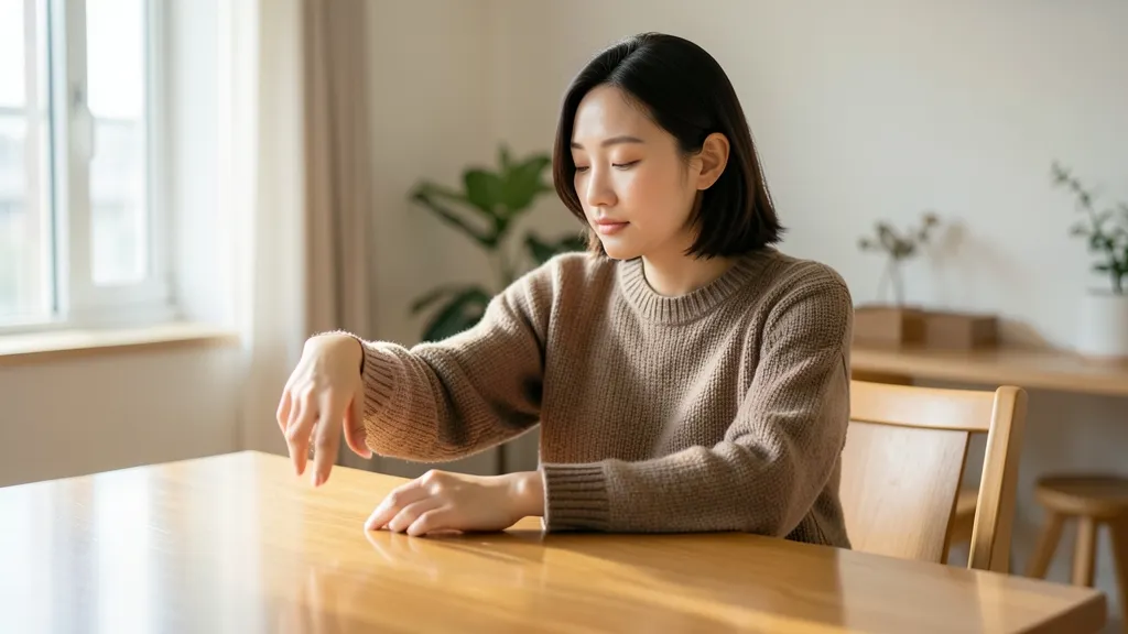 밝은 실내에서 팔과 손목 스트레칭을 하고 있는 30대 한국 여성의 모습