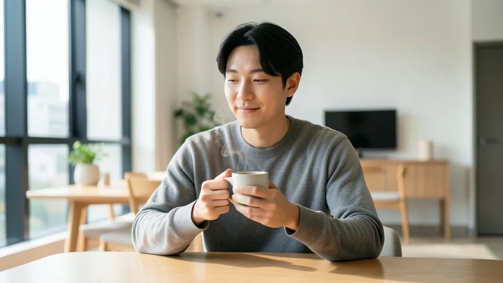나무 식탁에 앉아 따뜻한 차를 두 손으로 감싸쥐고 편안한 표정을 짓는 한국 남성의 모습