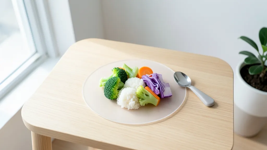 분할된 실리콘 식판과 아기용 수저가 놓인 원목 식탁의 모습