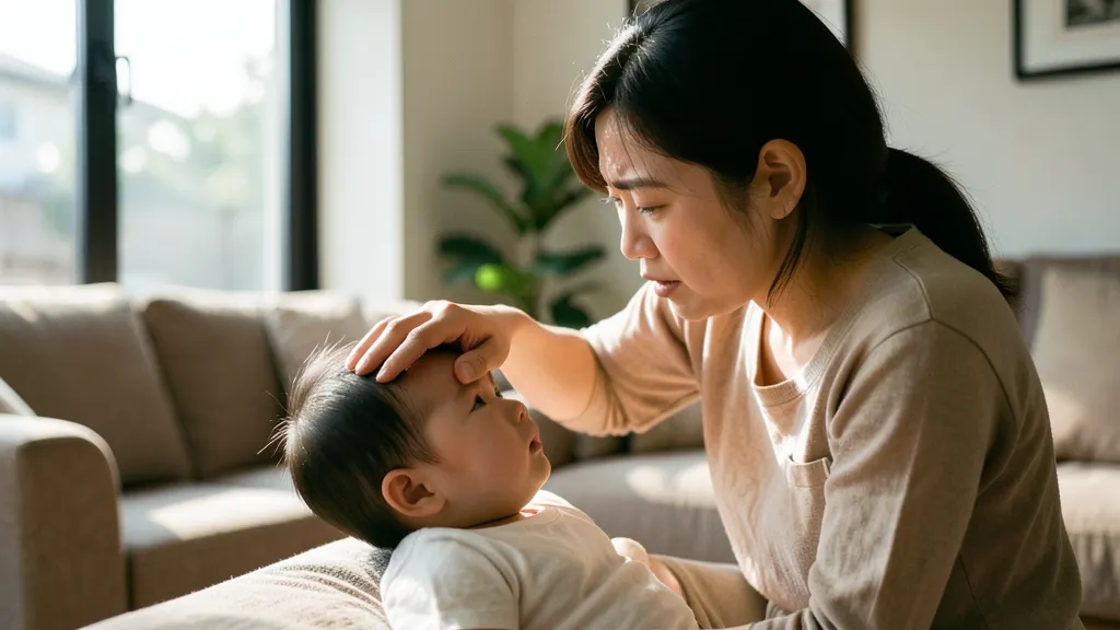 부모가 아기의 이마를 만지며 체온을 확인하는 따뜻한 실내 풍경