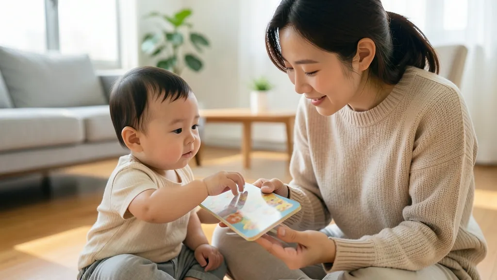 돌 아기와 엄마가 거실 바닥에 앉아 책을 함께 보는 모습.