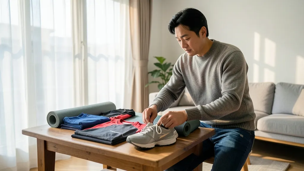 거실 테이블에서 운동 장비를 살펴보며 정리하는 한국인 남성의 모습