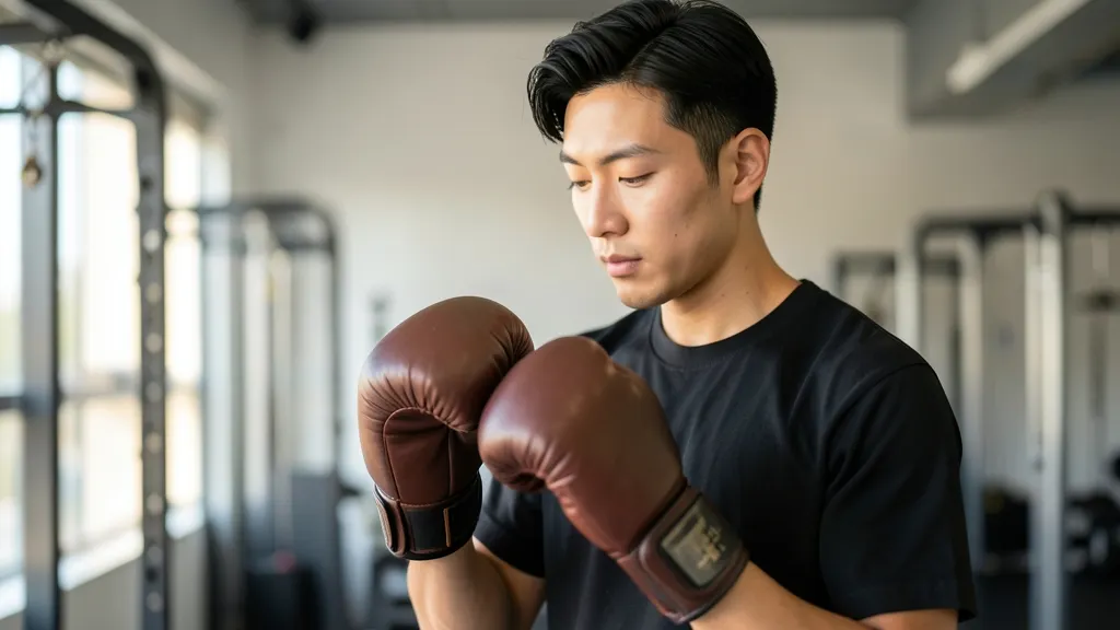 실내 체육관에서 복싱 글러브를 유심히 관찰하는 한국인 남성의 모습