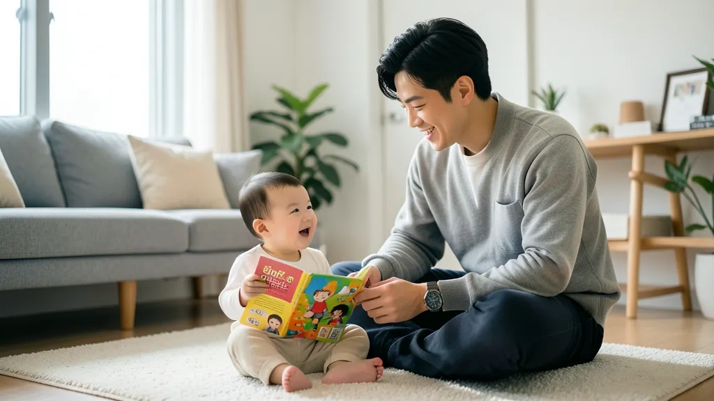 아빠와 돌 아기가 거실에서 보드북을 가지고 놀며 책과 친해지는 모습.