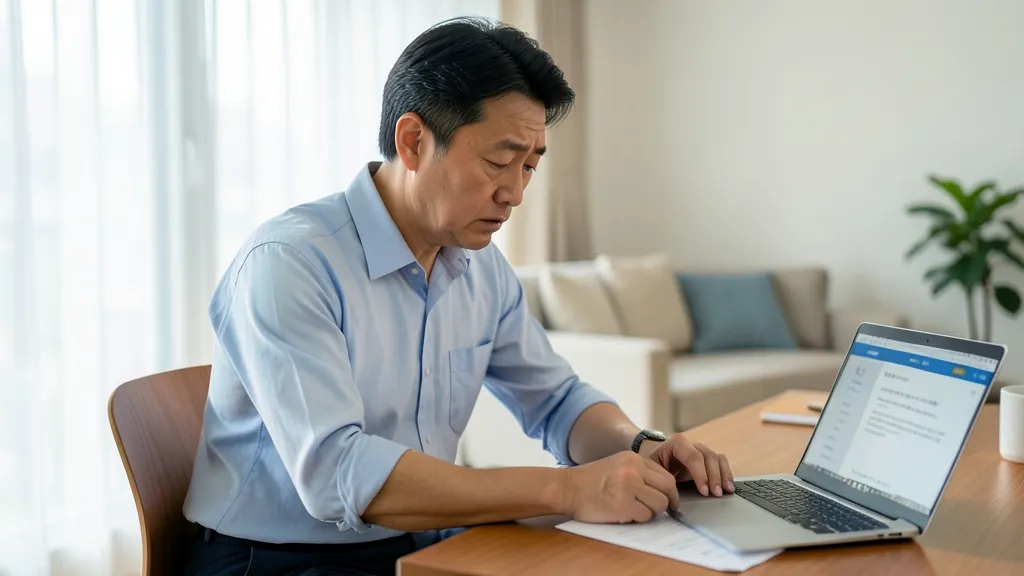 노트북과 서류를 보며 고민하는 한국인 남성의 모습.