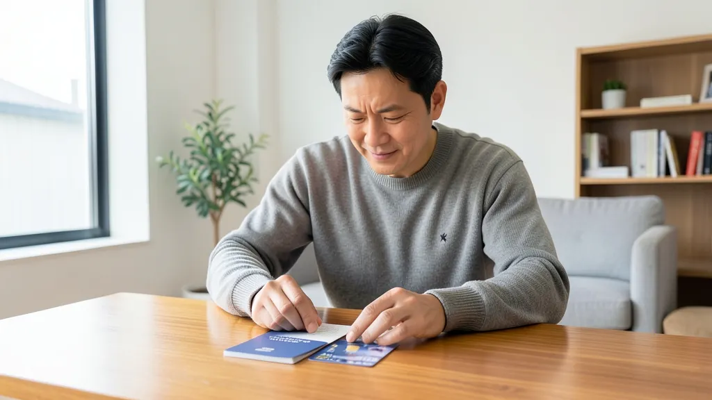 여권과 카드를 나란히 놓고 영문 스펠링을 확인하는 한국인 남성.
