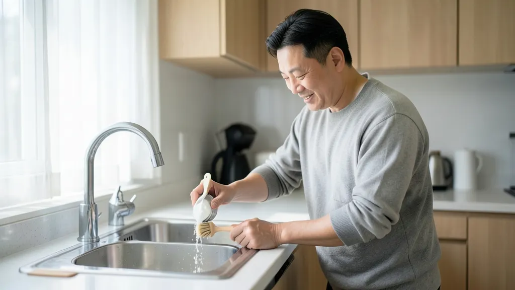 싱크대 배수관을 청소하는 한국인 남성의 모습.