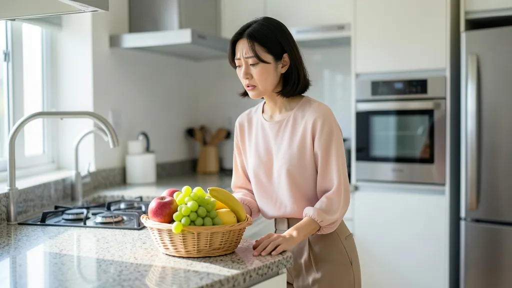 주방 조리대 위 과일 바구니를 살펴보는 한국인 여성의 모습.