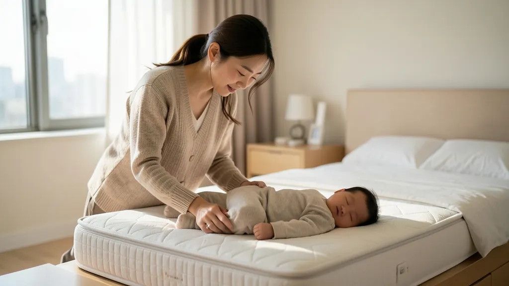 밝은 방 안에서 아기의 수면 환경을 정돈하는 한국인 어머니의 모습.