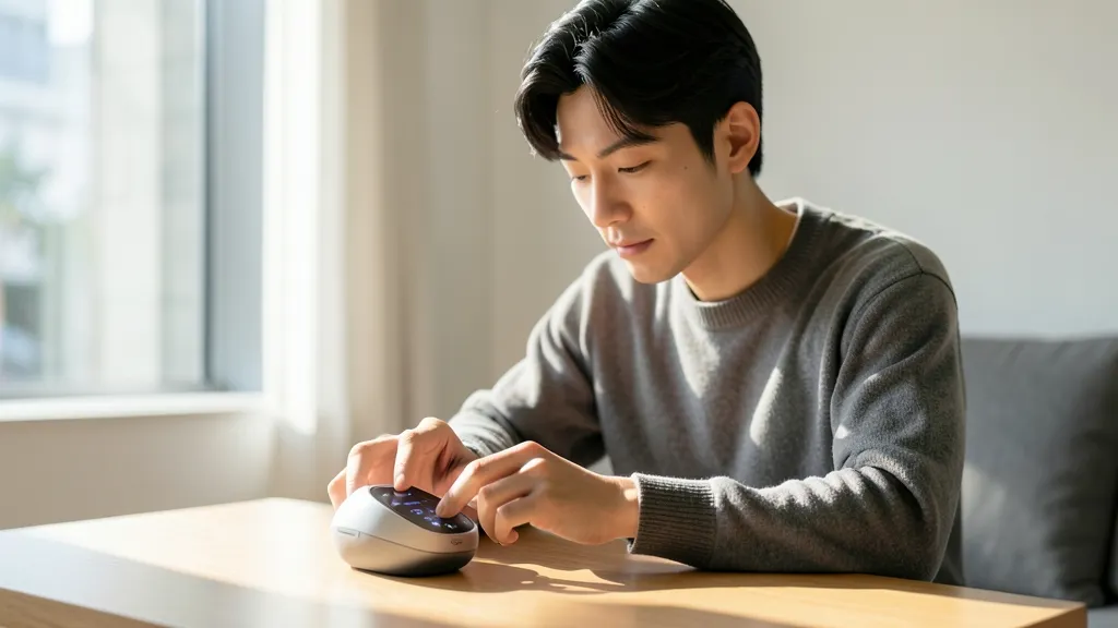 밝은 거실 테이블에서 가정용 미용 기기를 차분하게 살펴보는 한국인 남성의 모습