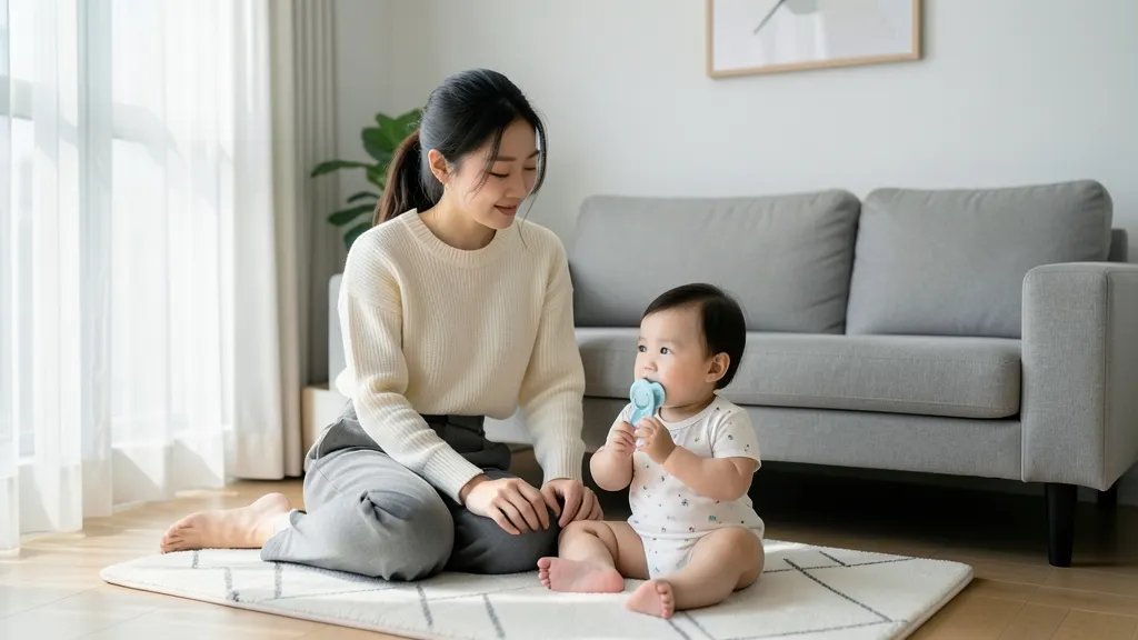 거실 바닥에 앉아 아이와 이야기를 나누는 한국인 엄마의 모습