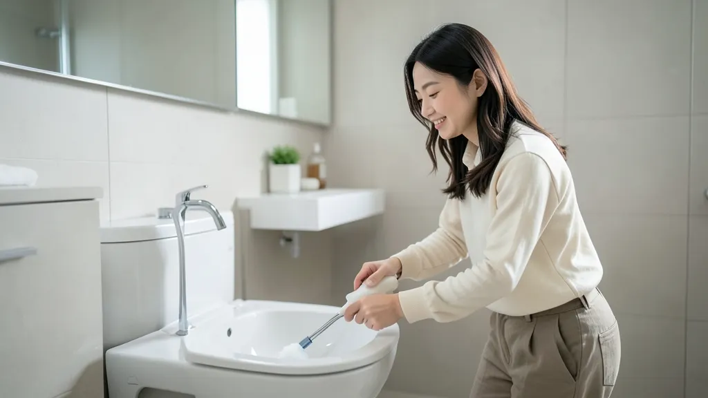 화장실 변기를 청소하는 한국인 여성의 모습.