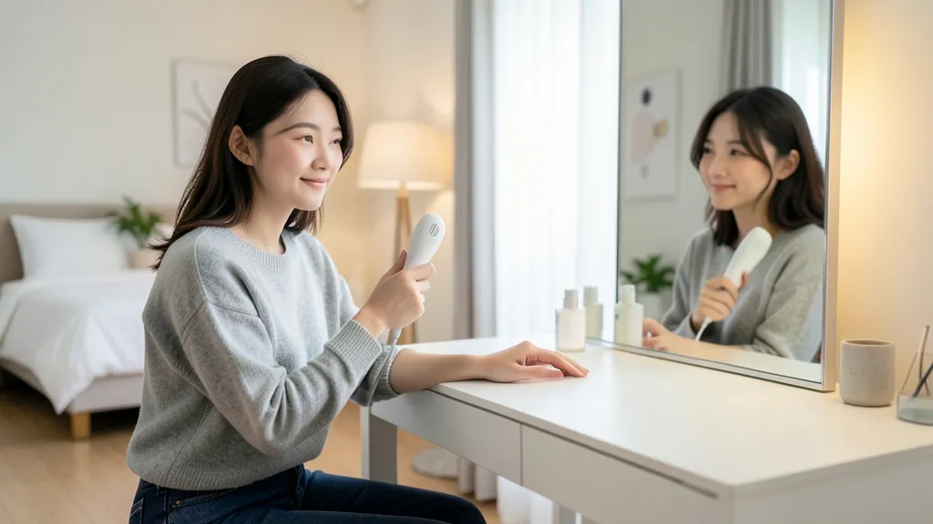 밝은 방 안에서 가정용 제모기를 들고 거울을 보는 한국인 여성의 모습