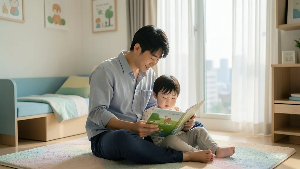 아기 방에서 아이에게 그림책을 읽어주는 한국인 아버지의 모습