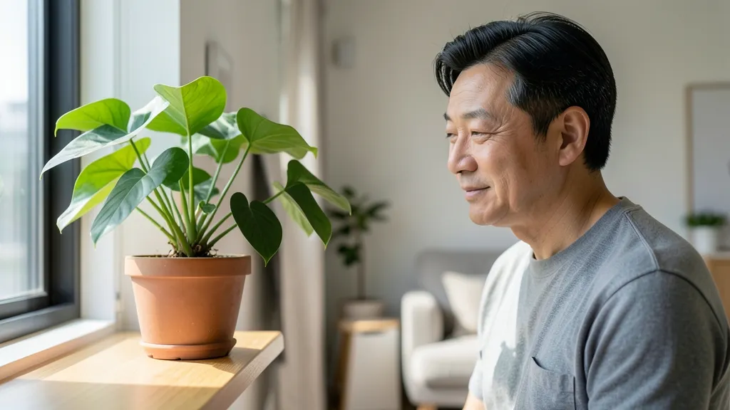 햇살이 드는 거실 선반 위 파키라 화분을 관찰하는 한국인 남성의 모습.