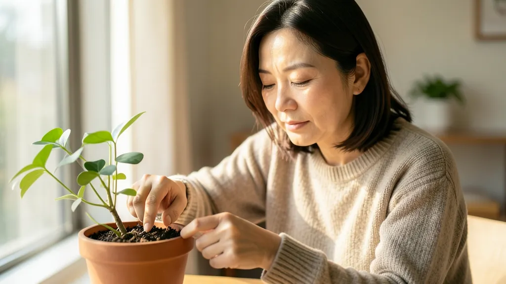 실내 화분의 흙 상태를 손으로 점검하는 한국인 여성의 모습.